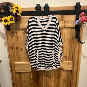Navy and Light Pink Striped V-Neck Women's Poncho
